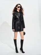 audreyyang Sheepskin Leather Cinched Waist French Tie Neck A Line Work Date Midi Dresses