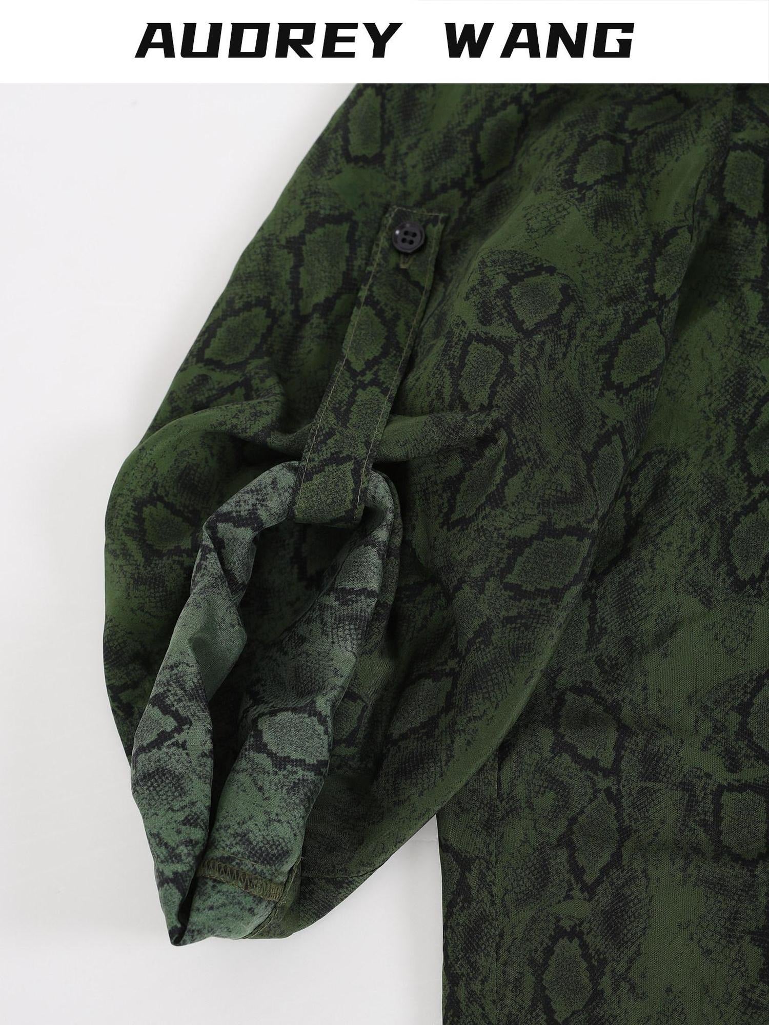 audreyyang Shape Retain Loose Snake Print Dark Green Recycled Viscose Women Wide Leg Pants