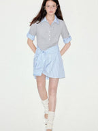 fano High Waist A Line Polo Collar Short Sleeve Cotton Blend Light Blue Midi Dresses