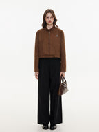 ikyou Durable Vintage Slim 3D Embellished Stand Collar Zip Brown Women Cropped Jackets