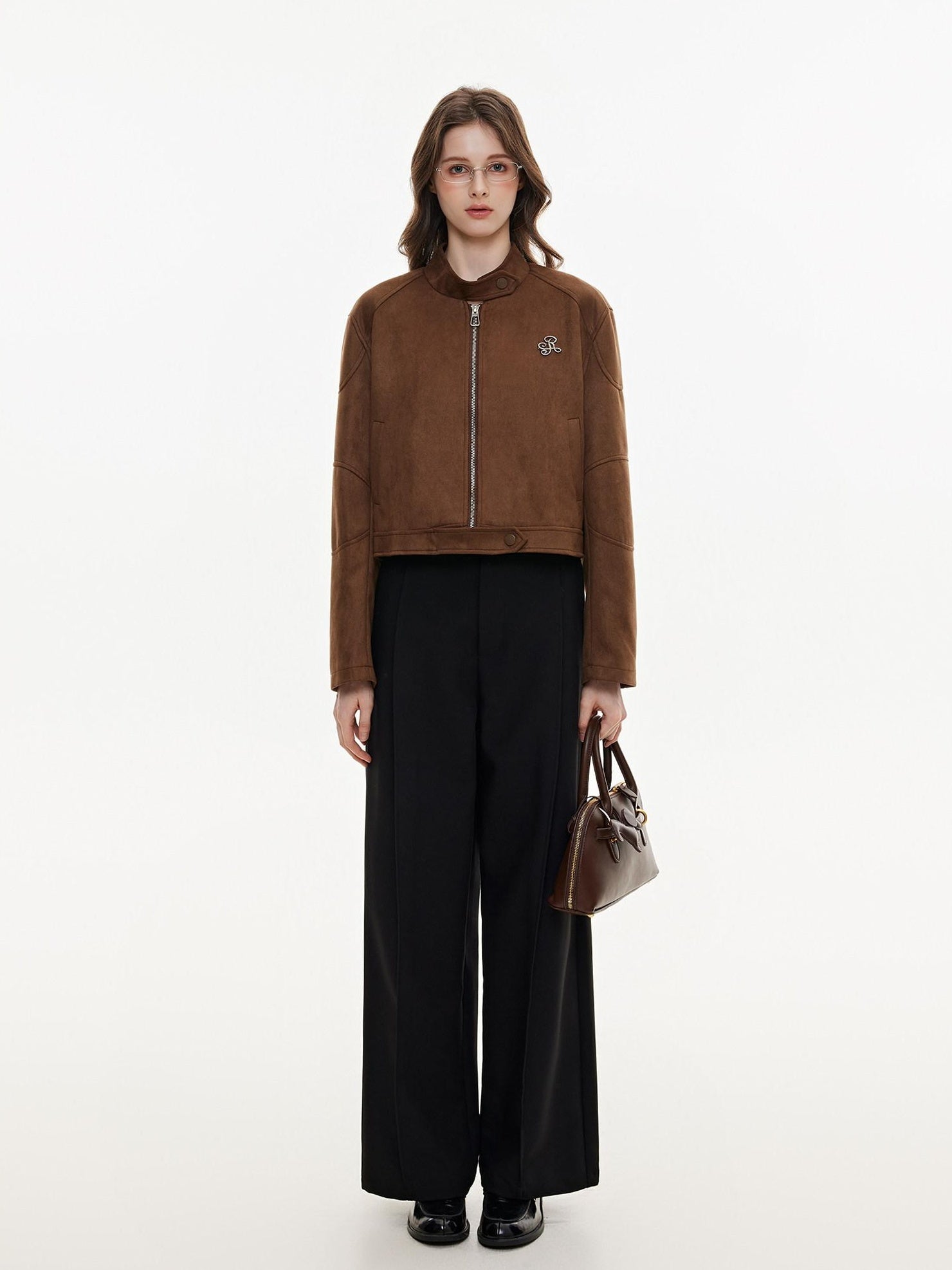 ikyou Durable Vintage Slim 3D Embellished Stand Collar Zip Brown Women Cropped Jackets