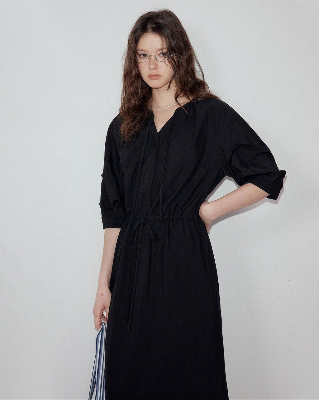 fano Flattering Tied Waist Workwear A Line V-neck Women Viscose Nylon Black Maxi Dresses