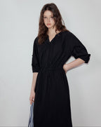 fano Flattering Tied Waist Workwear A Line V-neck Women Viscose Nylon Black Maxi Dresses