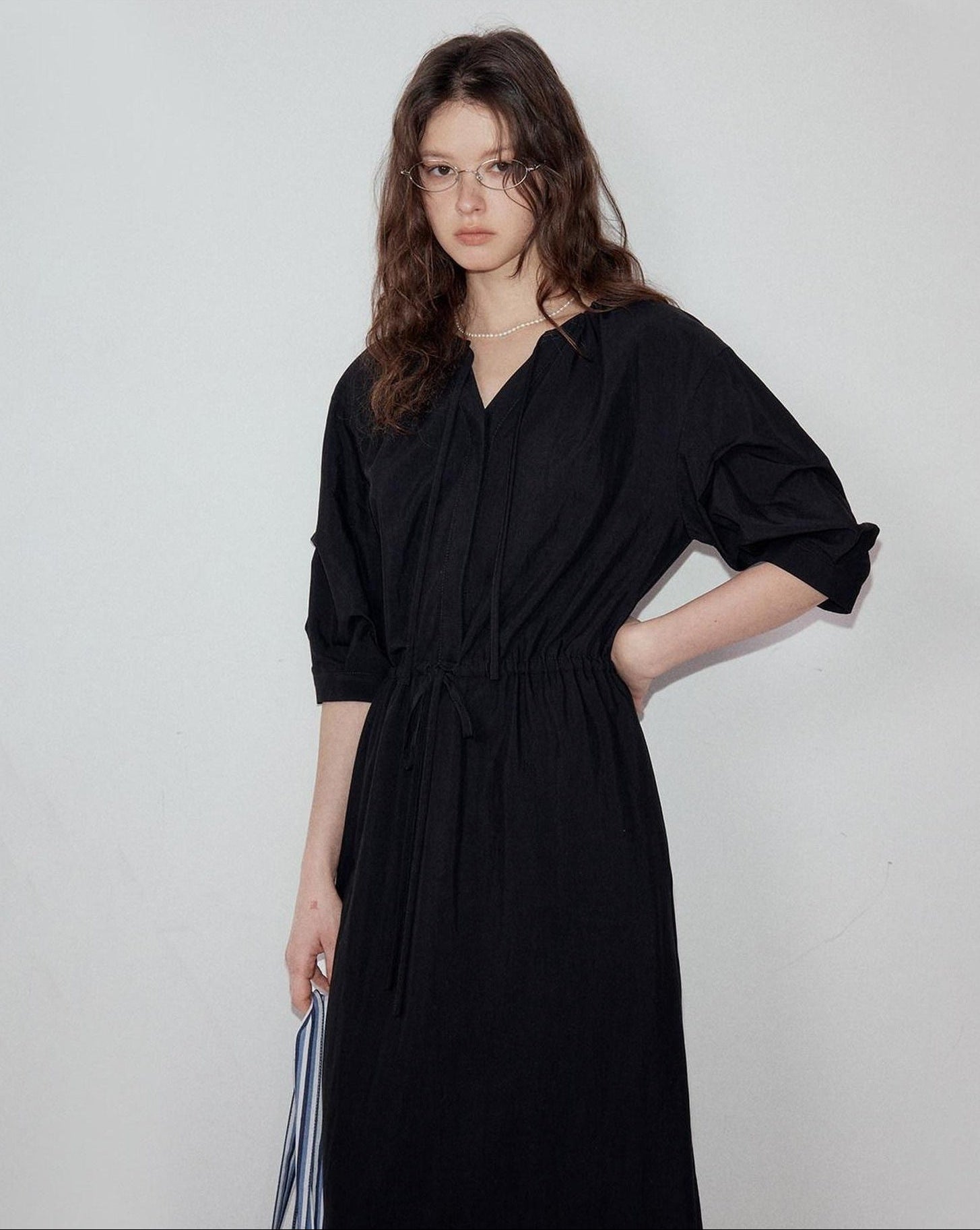fano Flattering Tied Waist Workwear A Line V-neck Women Viscose Nylon Black Maxi Dresses