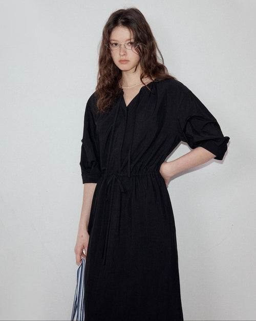 fano Flattering Tied Waist Workwear A Line V-neck Women Viscose Nylon Black Maxi Dresses