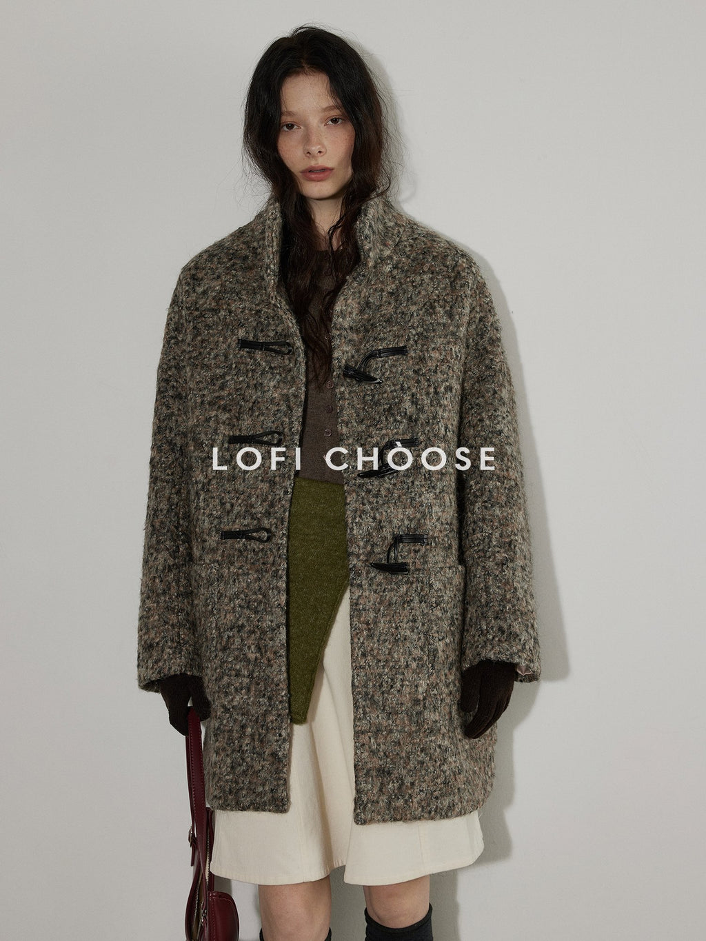 Lofi choose Heavy Wool Blend Relaxed Fit Stand Collar Midlength Commuter Toggle Wool Coats