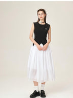 ikyou Office Minimal 3D Detail A Line Sleeveless Round Neck Black White Maxi Dresses