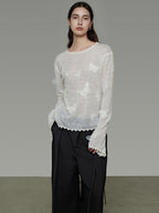 unspoken Breathable Knit Minimalist Relaxed Fit Butterfly Round Neck White Blouses