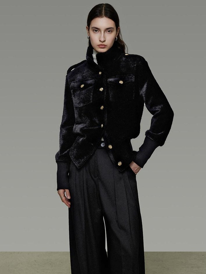 unspoken Tailored Slim Minimalist Commuter Stand Collar Women Black Short Coat