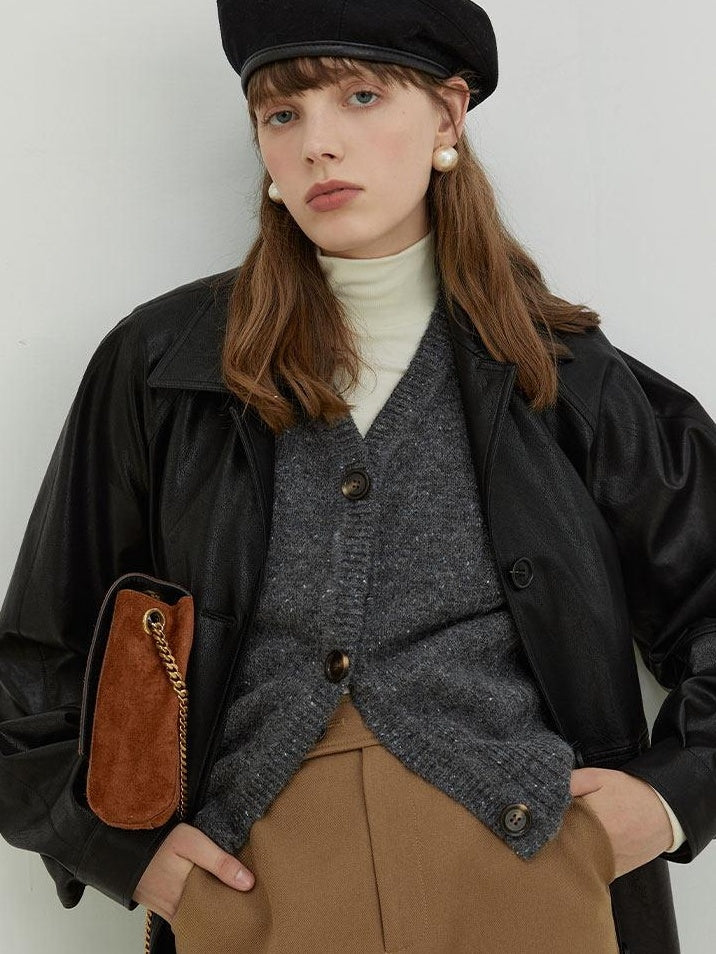 fano Warm Vintage Loose Fit Turn Down Collar Button Closure For Women Leather Jackets