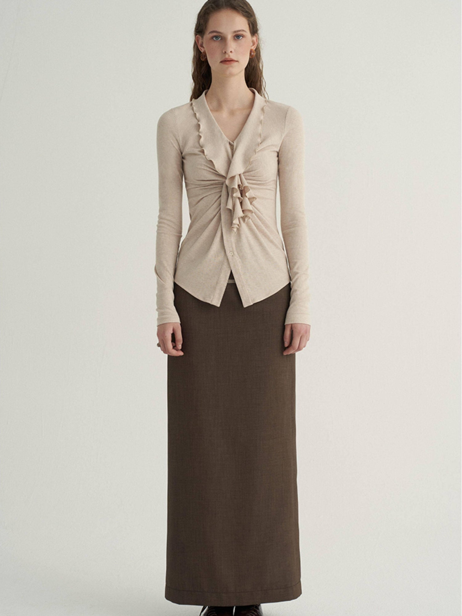 someone sometimes Ruffled V-neck Slim Fit Thin Knit Viscose Women Oatmeal Long Sleeve T-Shirts