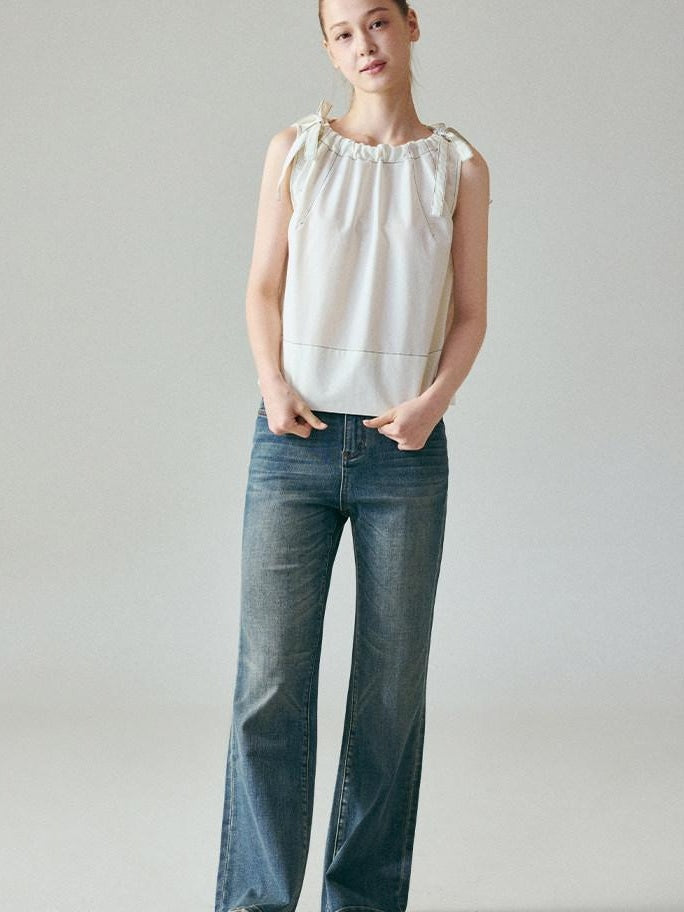 fano Light Blue Casual Relaxed Natural Waist Zip Fly Denim Straight Leg Jeans