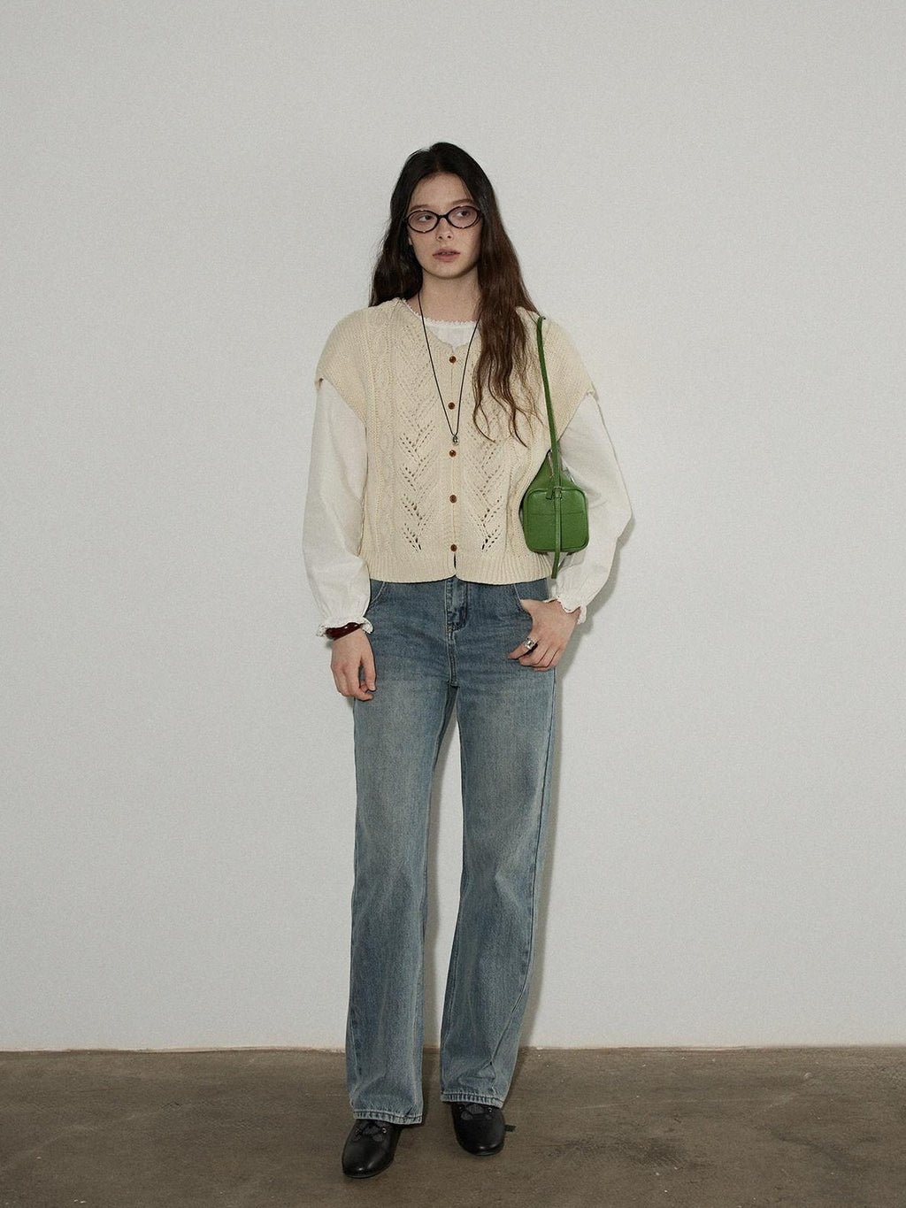 Lofi choose Versatile Openwork Short Round Neck Office Knit Women Ivory Acrylic Cardigans