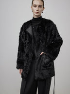unspoken Faux Fur Lined Minimal Oversized Womens Black Round Neck Long Sleeve Short Coat
