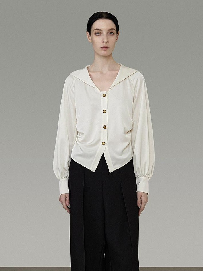 unspoken Cream Polyester Sailor Collar Button Front Loose Fit Office Minimalist Blouses