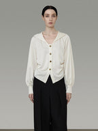 unspoken Cream Polyester Sailor Collar Button Front Loose Fit Office Minimalist Blouses