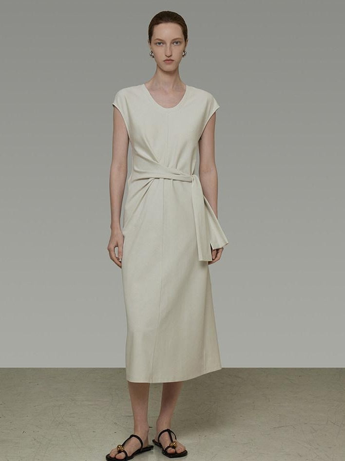 unspoken Cotton Blend Tie Waist Minimalist Commuter Short Sleeve U Neck Maxi Dresses