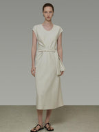 unspoken Cotton Blend Tie Waist Minimalist Commuter Short Sleeve U Neck Maxi Dresses