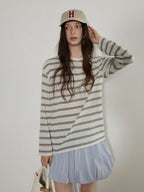 Lofi choose Polyester Blend Colorblock Blue Stripe Relaxed Crew Neck Long Sleeve T-Shirts