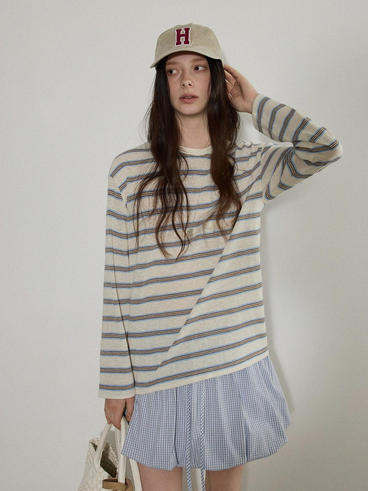 Lofi choose Polyester Blend Colorblock Blue Stripe Relaxed Crew Neck Long Sleeve T-Shirts