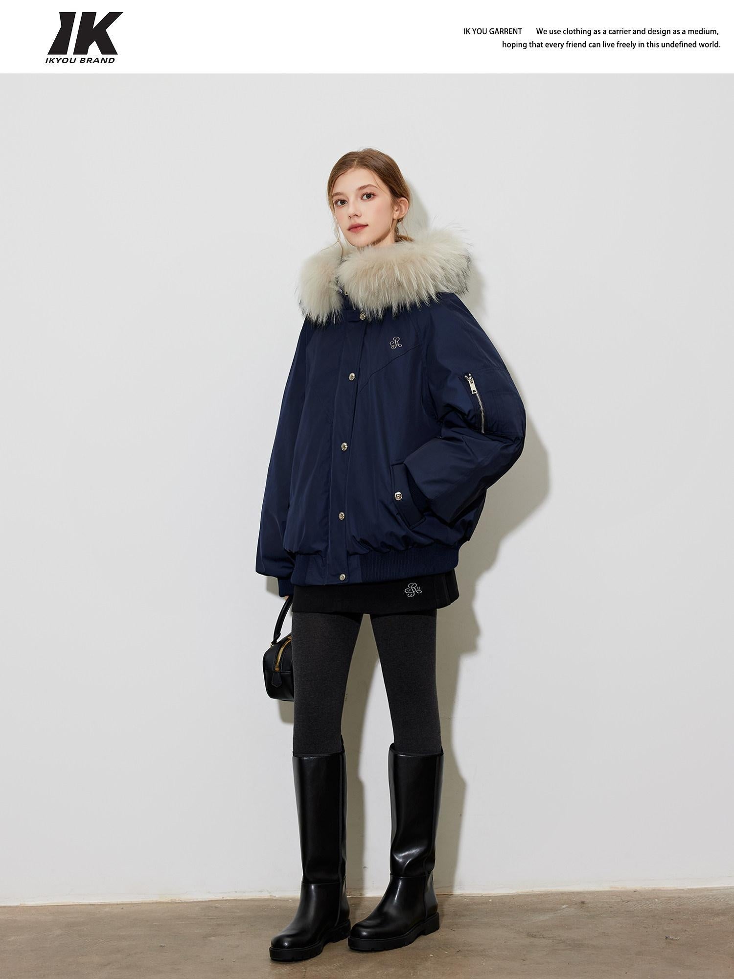 ikyou 90 Percent White Duck Down Oversized Korean Hooded Fur Collar Navy Down Jackets