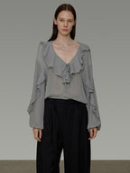 unspoken Breathable V-neck Ruffle Loose Fit Commuter Workwear Women Blue Pullover Blouses