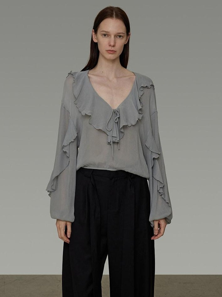 unspoken Breathable V-neck Ruffle Loose Fit Commuter Workwear Women Blue Pullover Blouses