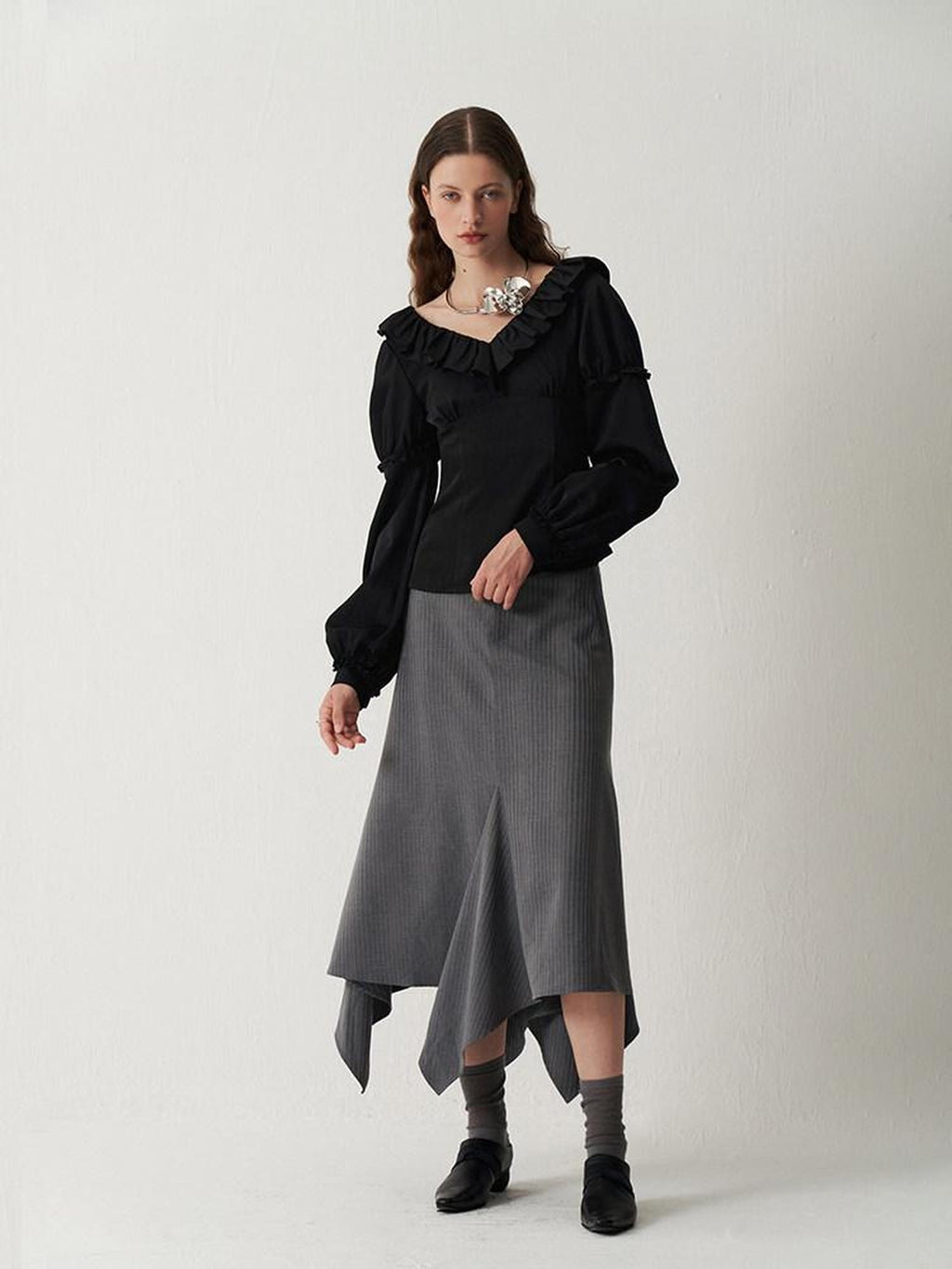 someone sometimes Sleek V-neck Slim Fit Commuter Long Sleeve Black Poly Viscose Women Work Blouses
