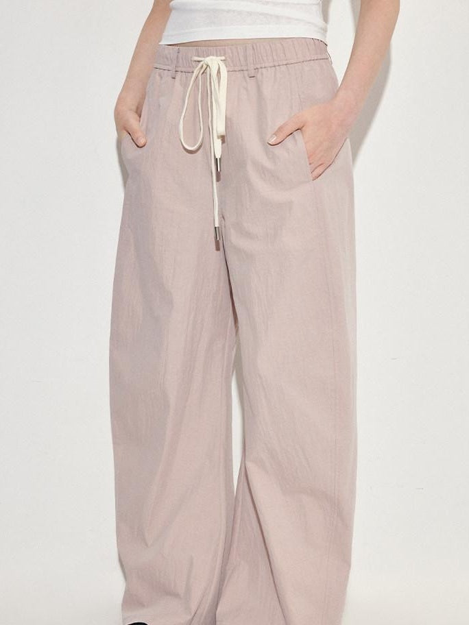 fano Pink Cotton Blend Drawstring Natural Waist Loose Korean Office Wide Leg Pants
