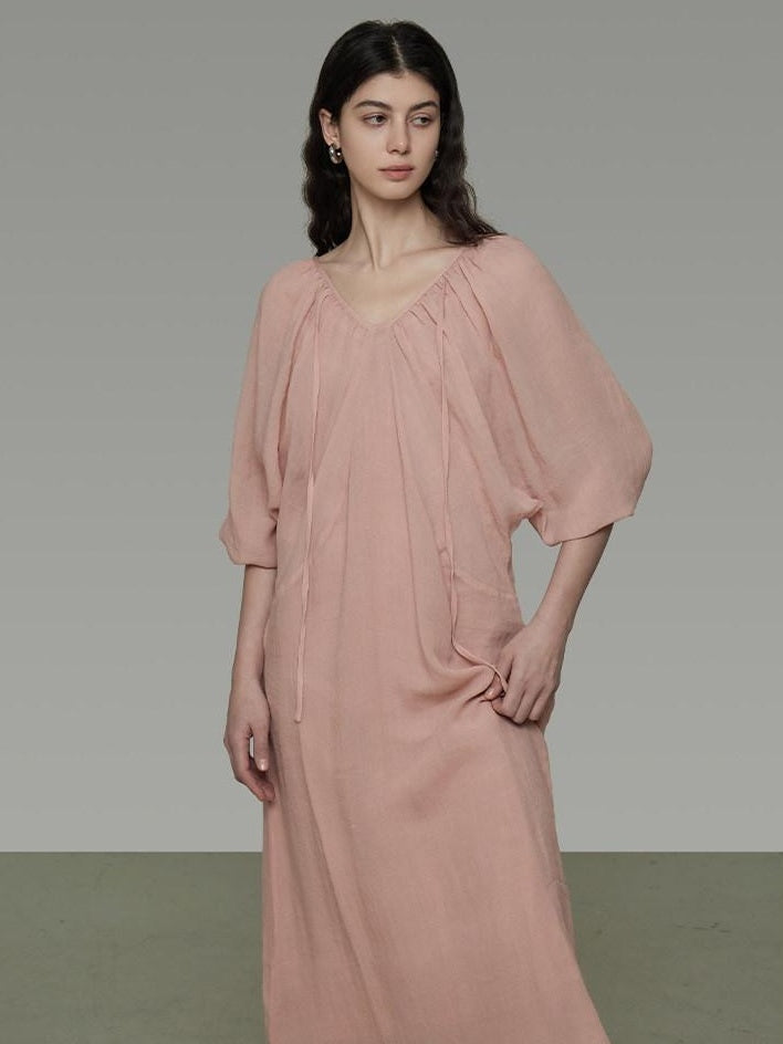 unspoken Breathable Linen Lyocell Blend Minimal A Line V-neck Pleated Women Maxi Dresses
