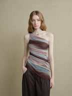 someonesometimes Breathable Tie Dye Stripe Print Slim Fit Versatile Women Off Shoulder Crop Tops