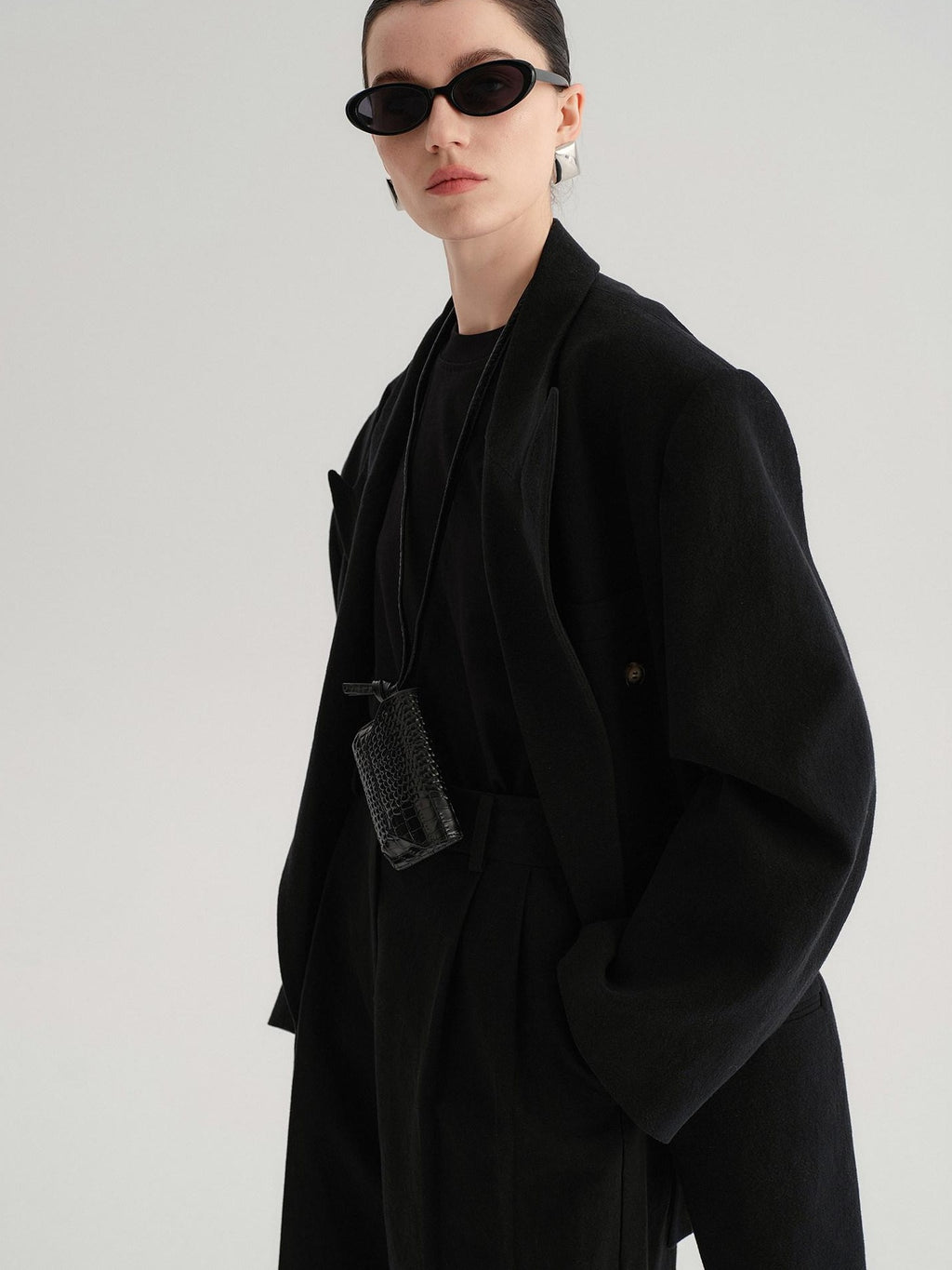 audreyyang Cotton Linen Casual Loose Double Breasted Womens Commuter Black Blazers