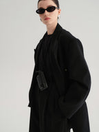 audreyyang Cotton Linen Casual Loose Double Breasted Womens Commuter Black Blazers