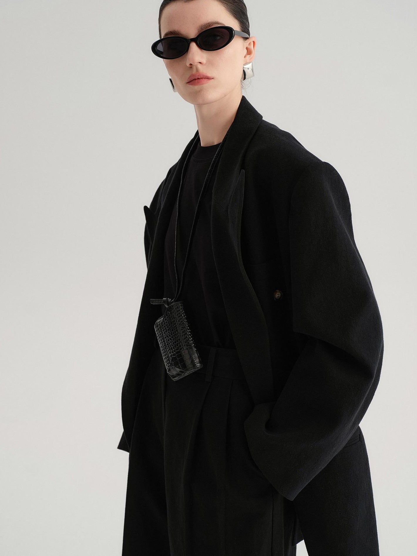 audreyyang Cotton Linen Casual Loose Double Breasted Womens Commuter Black Blazers