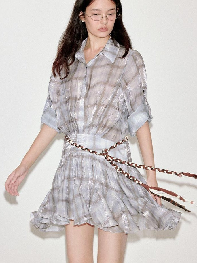 fano Plaid Korean Workwear A Line Natural Waist Mid Sleeve Khaki Midi Dresses