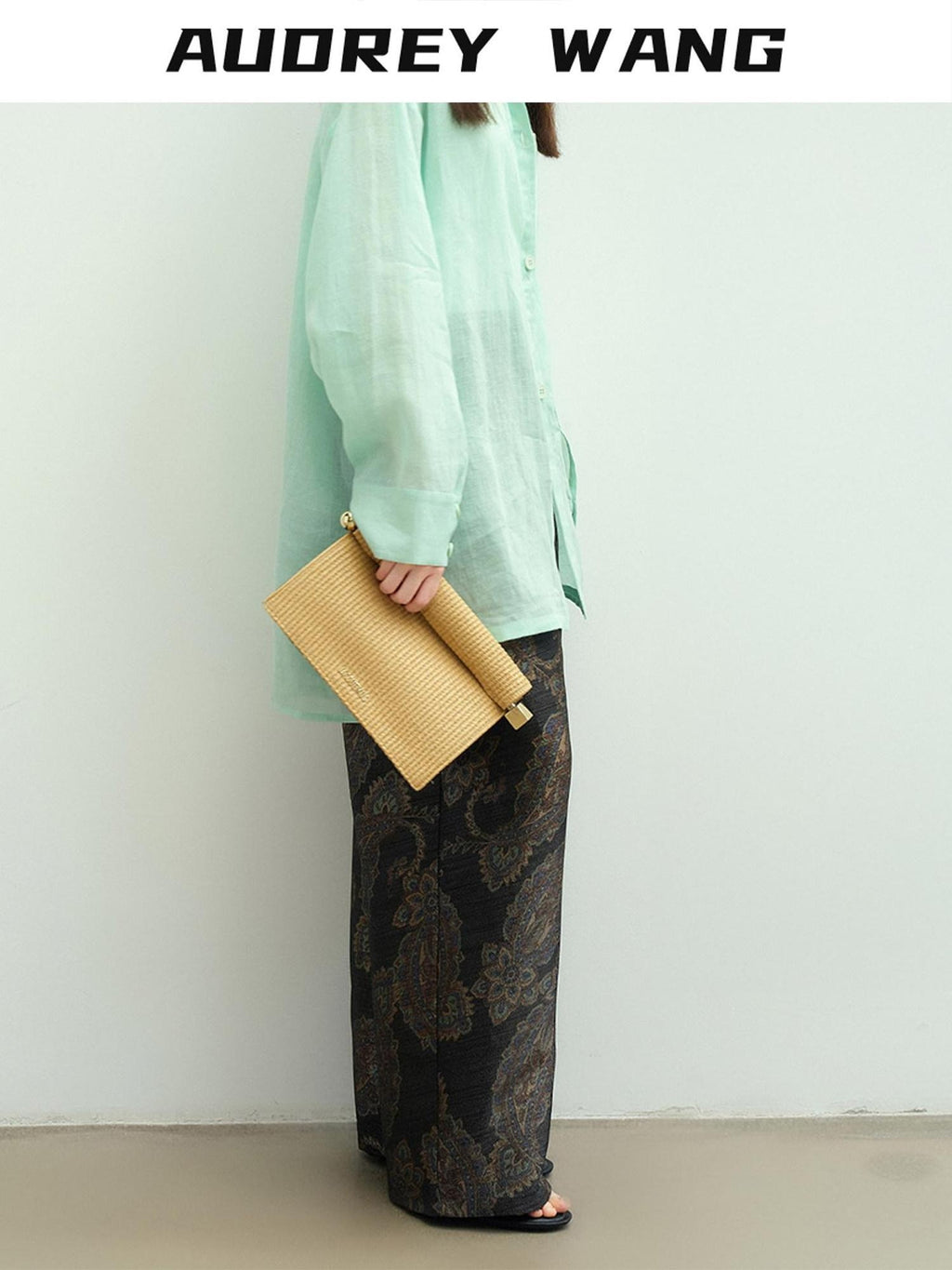 audreyyang Vintage Jacquard Botanical Floral Natural Waist Loose Fit Ladies Wide Leg Pants