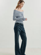 someone sometimes Soft Mist Blue Viscose Blend Slim Fit Round Neck Women Long Sleeve T-Shirts