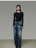 unspoken Washed High Waist Durable Workwear Vintage Blue Button Fly Rigid Wide Leg Jeans