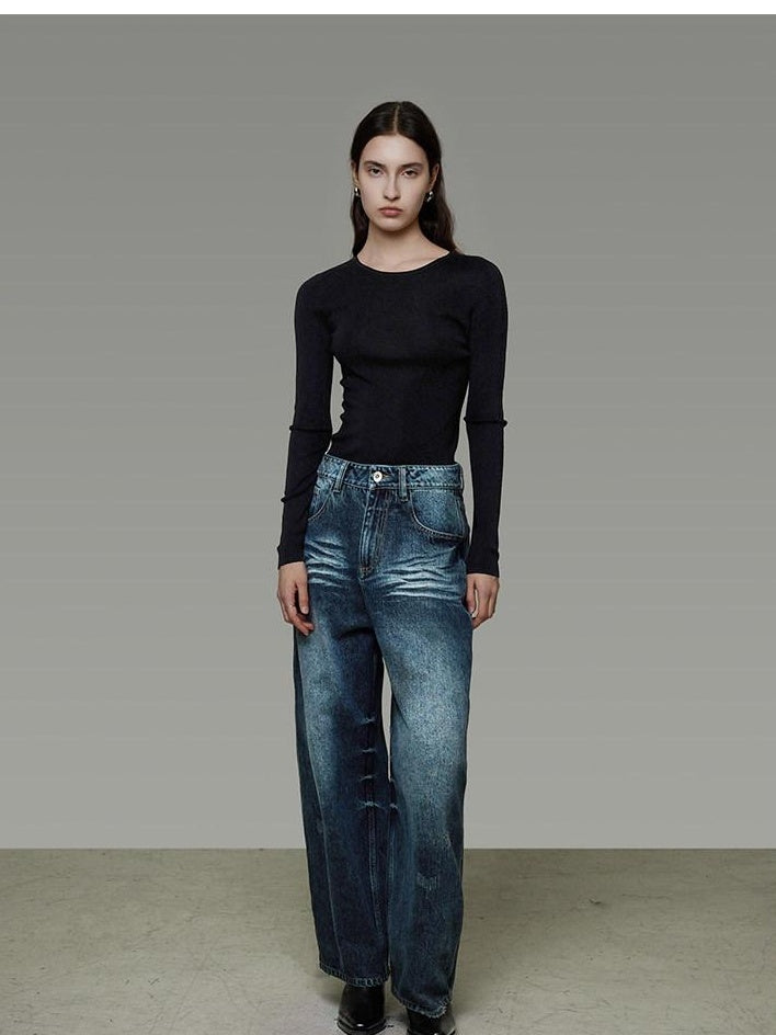unspoken Washed High Waist Durable Workwear Vintage Blue Button Fly Rigid Wide Leg Jeans