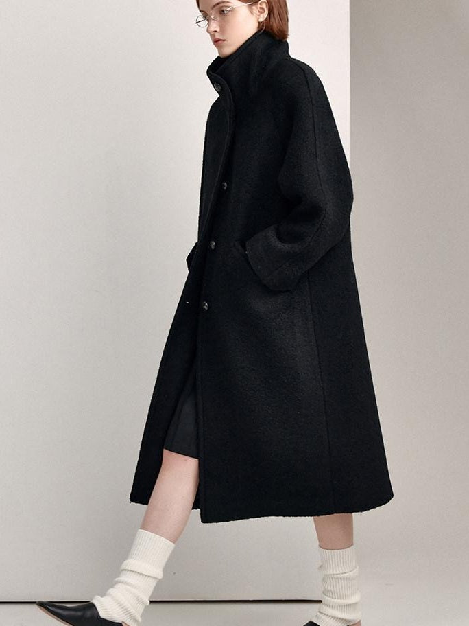 fano Soft Wool Blend Straight Cut Stand Collar Pockets Commuter Midlength Wool Coats