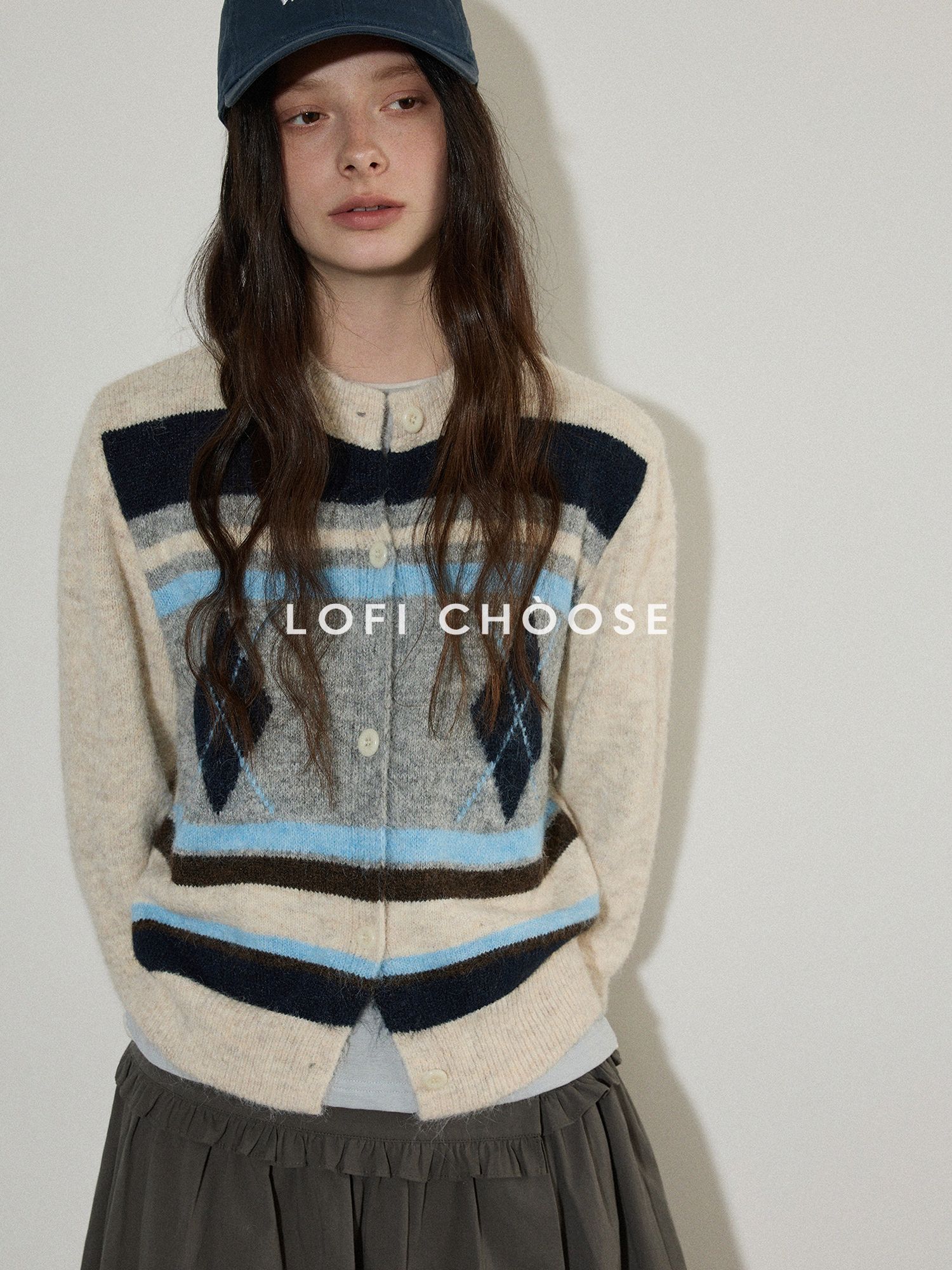 Lofi choose Cozy Poly Wool Blend Contrast Trim Diamond Knit Loose Fit Women Cardigans