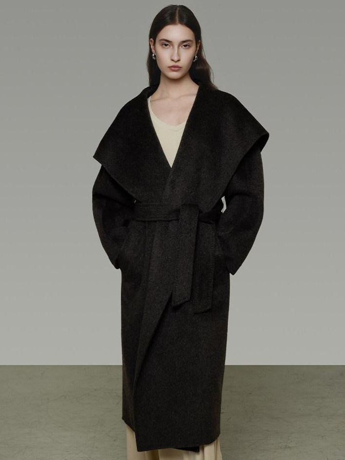 unspoken Pure Sheepswool Long Belted Lapel Loose Tailored Office Coffee Brown Wool Coats