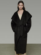 unspoken Pure Sheepswool Long Belted Lapel Loose Tailored Office Coffee Brown Wool Coats