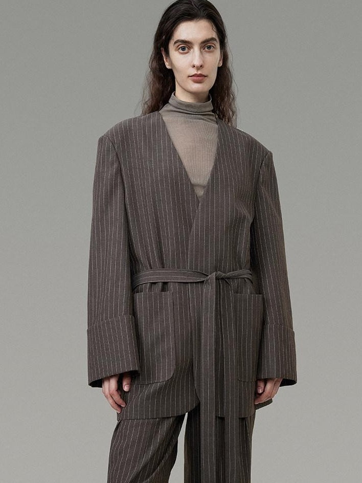 unspoken Minimalist V-neck Long Sleeve Tailored Brown Polyester Women Top & Pants Sets