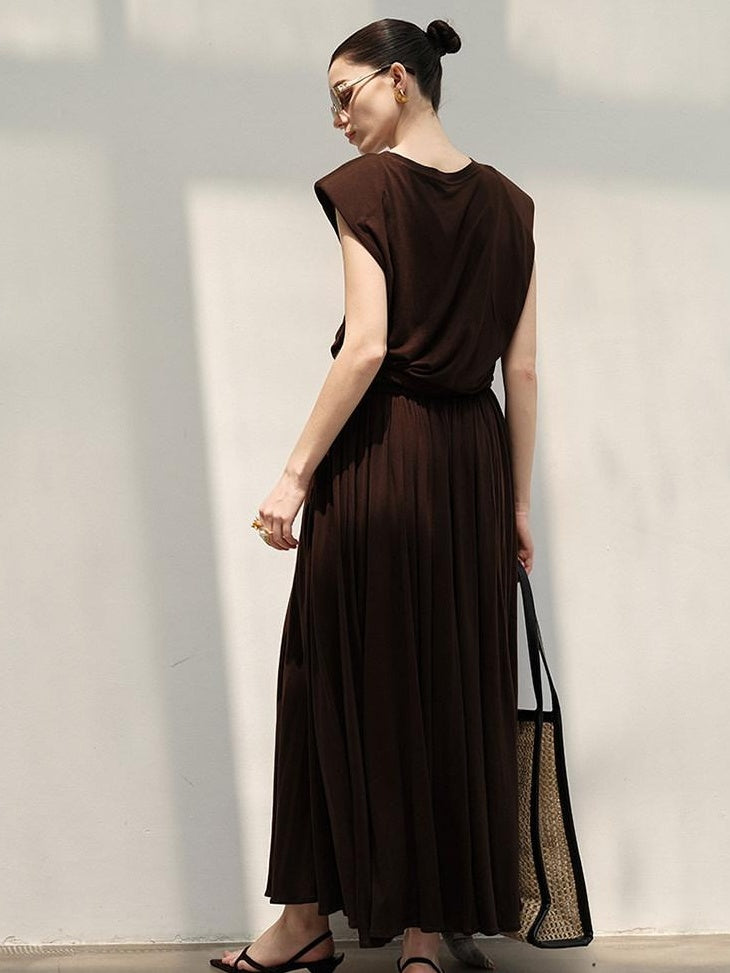 audreyyang Recycled Viscose French Chic Pleated Aline Two Piece Sleeveless Maxi Dresses