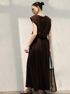 audreyyang Recycled Viscose French Chic Pleated Aline Two Piece Sleeveless Maxi Dresses