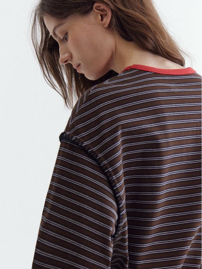 fano Comfort Cotton Stretch Striped Korean Loose Fit Women Long Sleeve T-Shirts