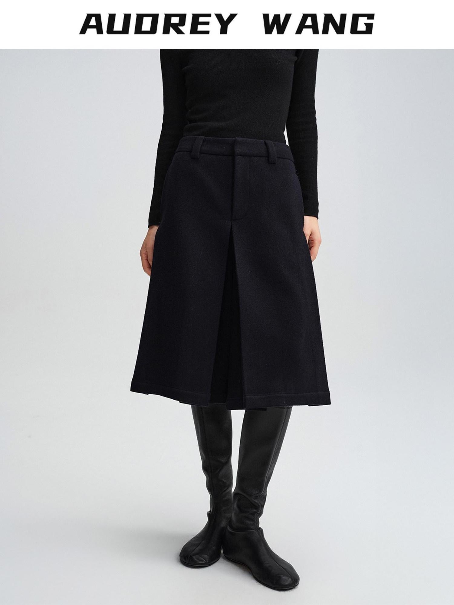 audreyyang Pure Wool Casual Loose Natural Waist Zipper Women Black Mid-Length Shorts