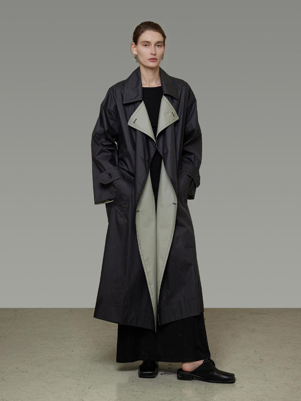 unspoken Minimal Commuter Long Double Breasted Loose Fit Women Black Olive Trench Coats