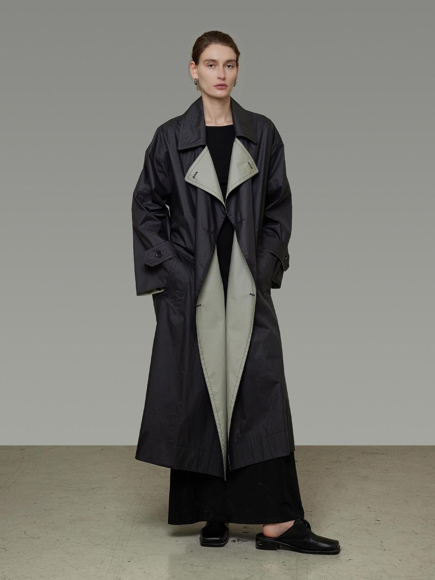 unspoken Minimal Commuter Long Double Breasted Loose Fit Women Black Olive Trench Coats
